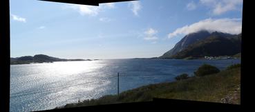 Panorama just after crossing bridge to Moskenesøy